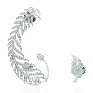 18K White Gold Pave Diamond Feather Design Ear Cuff Earrings