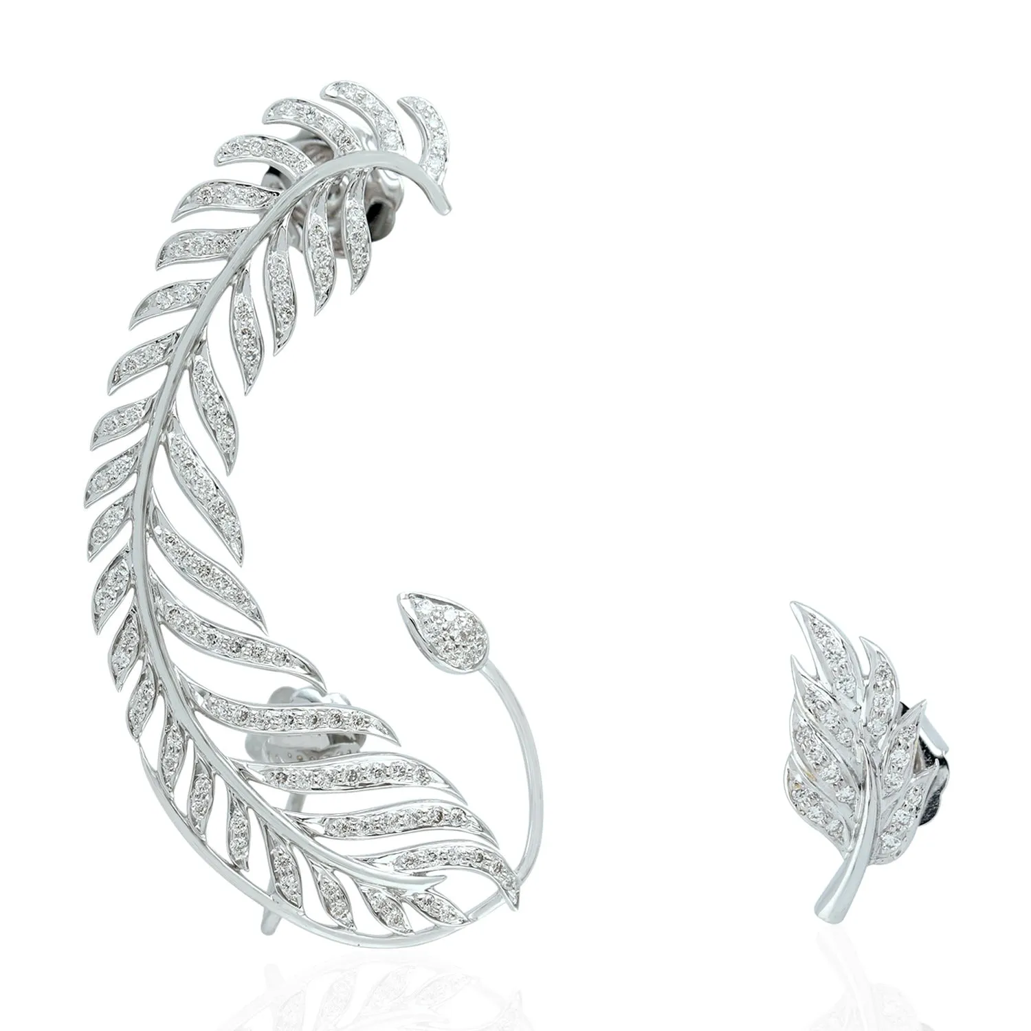 18K White Gold Pave Diamond Feather Design Ear Cuff Earrings