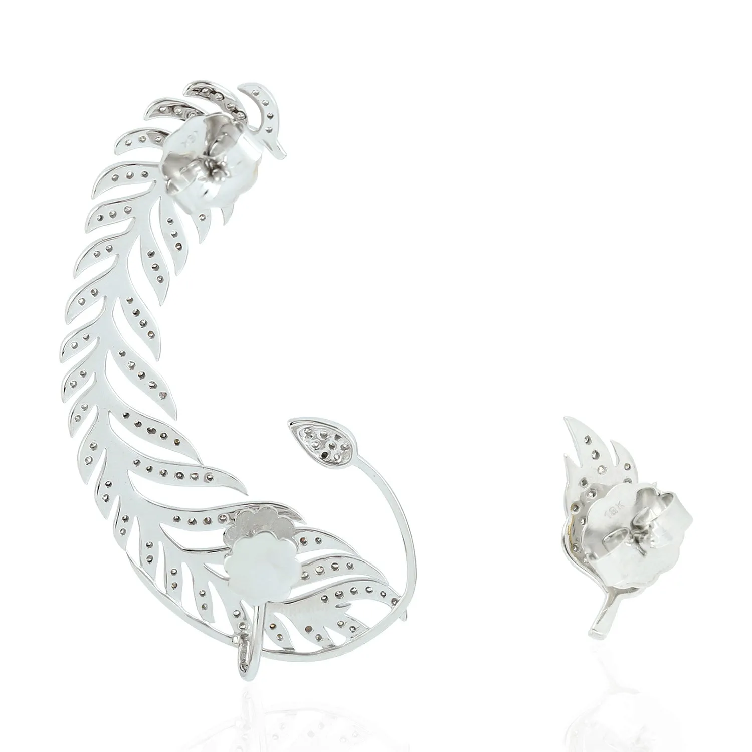 18K White Gold Pave Diamond Feather Design Ear Cuff Earrings