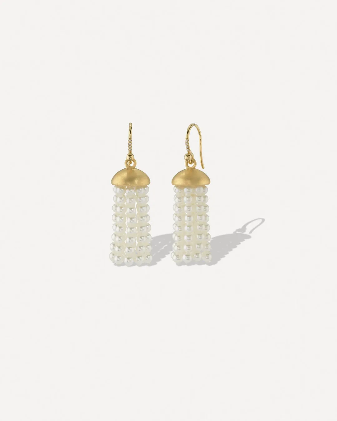 18K Yellow Gold Short Tassel Earrings with Akoya Pearl Strands on Diamond Pavé Earwire