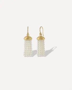 18K Yellow Gold Short Tassel Earrings with Akoya Pearl Strands on Diamond Pavé Earwire