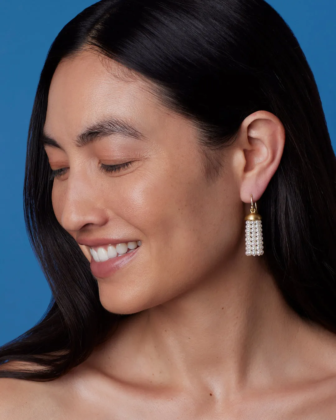 18K Yellow Gold Short Tassel Earrings with Akoya Pearl Strands on Diamond Pavé Earwire