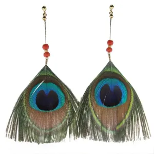 18Kt yellow gold with coral bead Peacock Feather dangle post Earrings