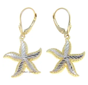 18MM 14K YELLOW GOLD HAWAIIAN STARFISH EARRINGS LEVERBACK WHITE GOLD DIAMOND CUT