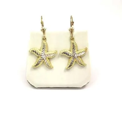 18MM 14K YELLOW GOLD HAWAIIAN STARFISH EARRINGS LEVERBACK WHITE GOLD DIAMOND CUT