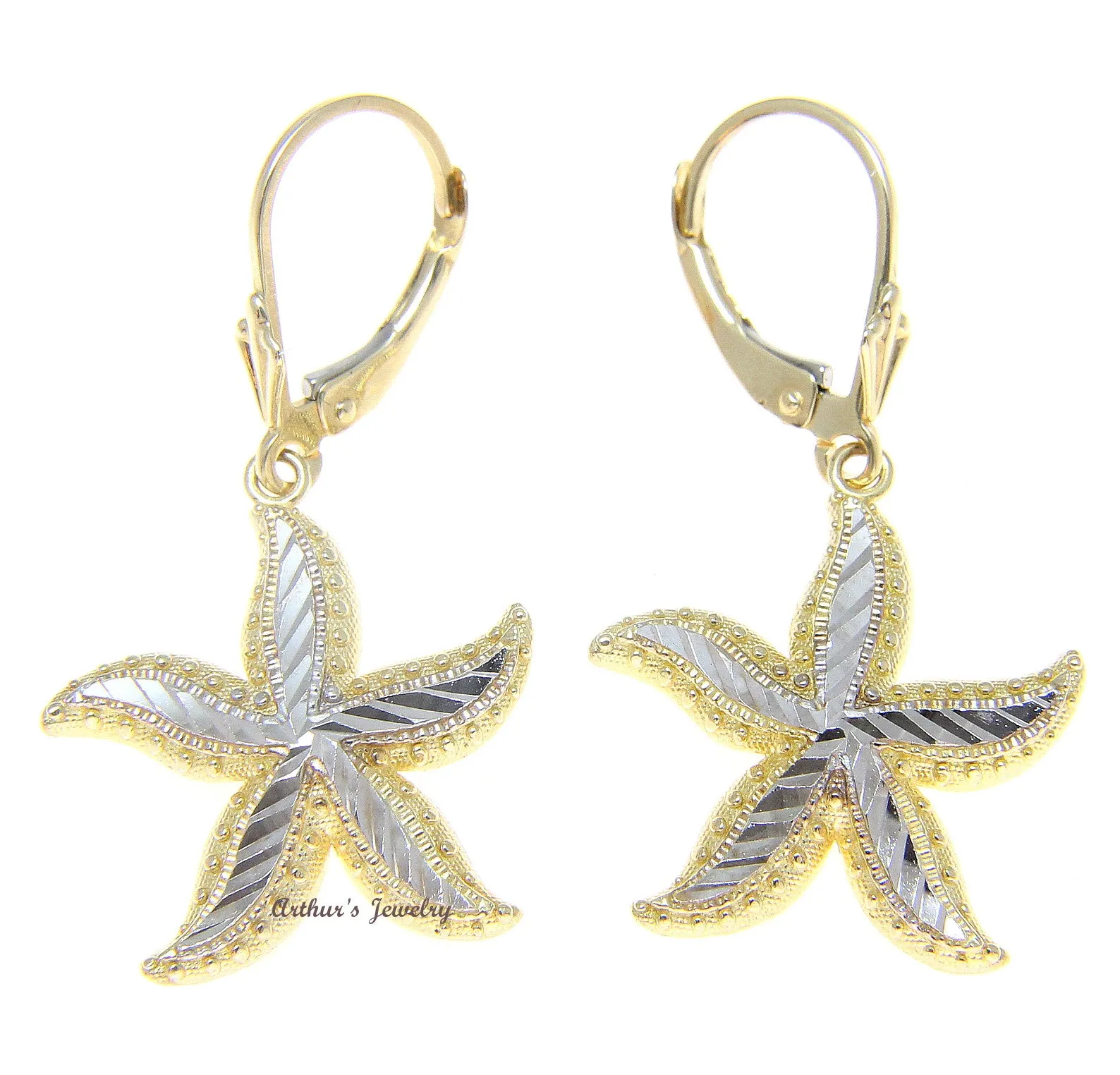 18MM 14K YELLOW GOLD HAWAIIAN STARFISH EARRINGS LEVERBACK WHITE GOLD DIAMOND CUT