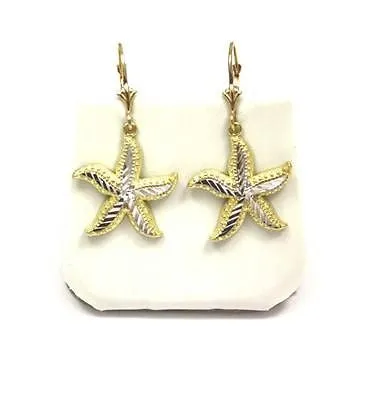 18MM 14K YELLOW GOLD HAWAIIAN STARFISH EARRINGS LEVERBACK WHITE GOLD DIAMOND CUT