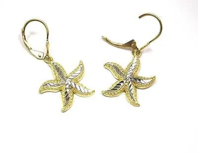 18MM 14K YELLOW GOLD HAWAIIAN STARFISH EARRINGS LEVERBACK WHITE GOLD DIAMOND CUT