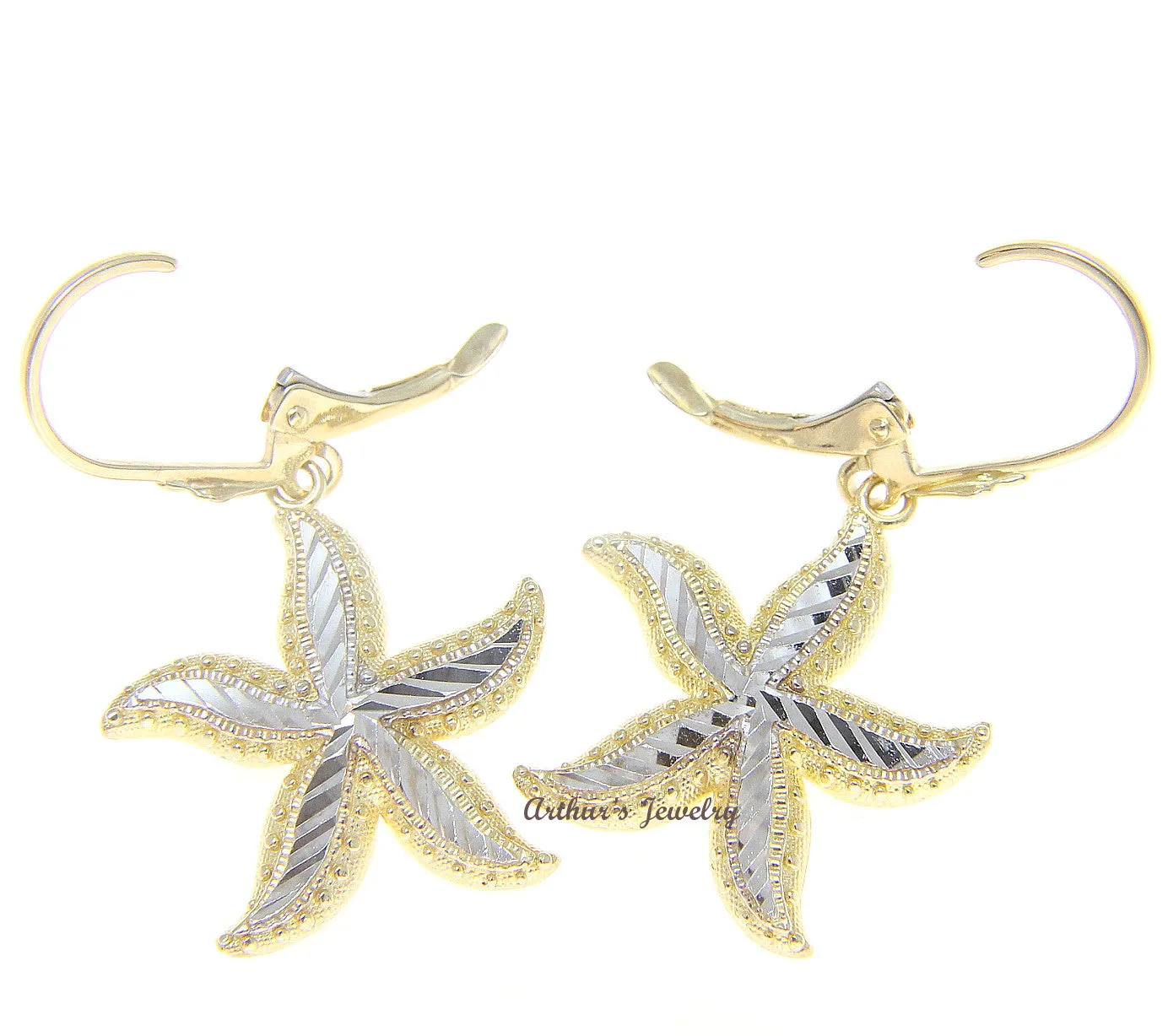 18MM 14K YELLOW GOLD HAWAIIAN STARFISH EARRINGS LEVERBACK WHITE GOLD DIAMOND CUT