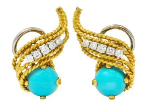1970's Diamond Turquoise 18 Karat Gold Ear-Clip Earrings