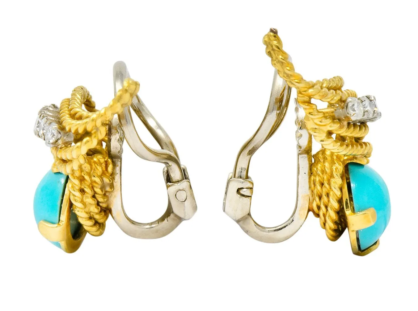 1970's Diamond Turquoise 18 Karat Gold Ear-Clip Earrings