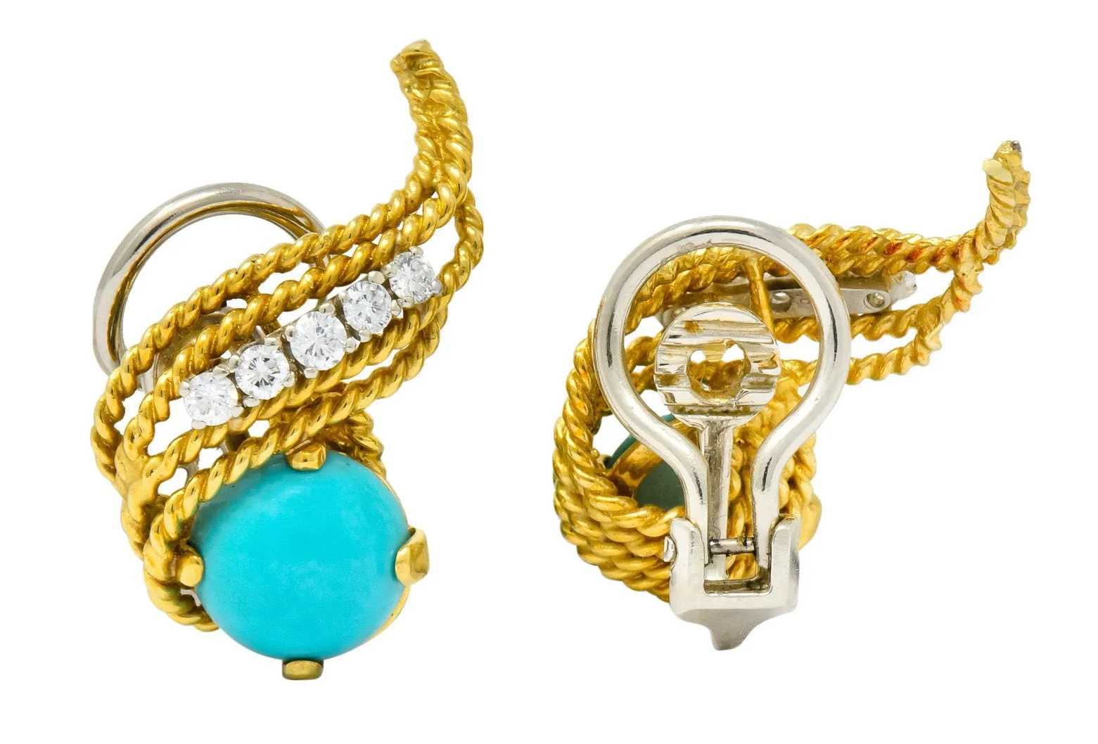 1970's Diamond Turquoise 18 Karat Gold Ear-Clip Earrings
