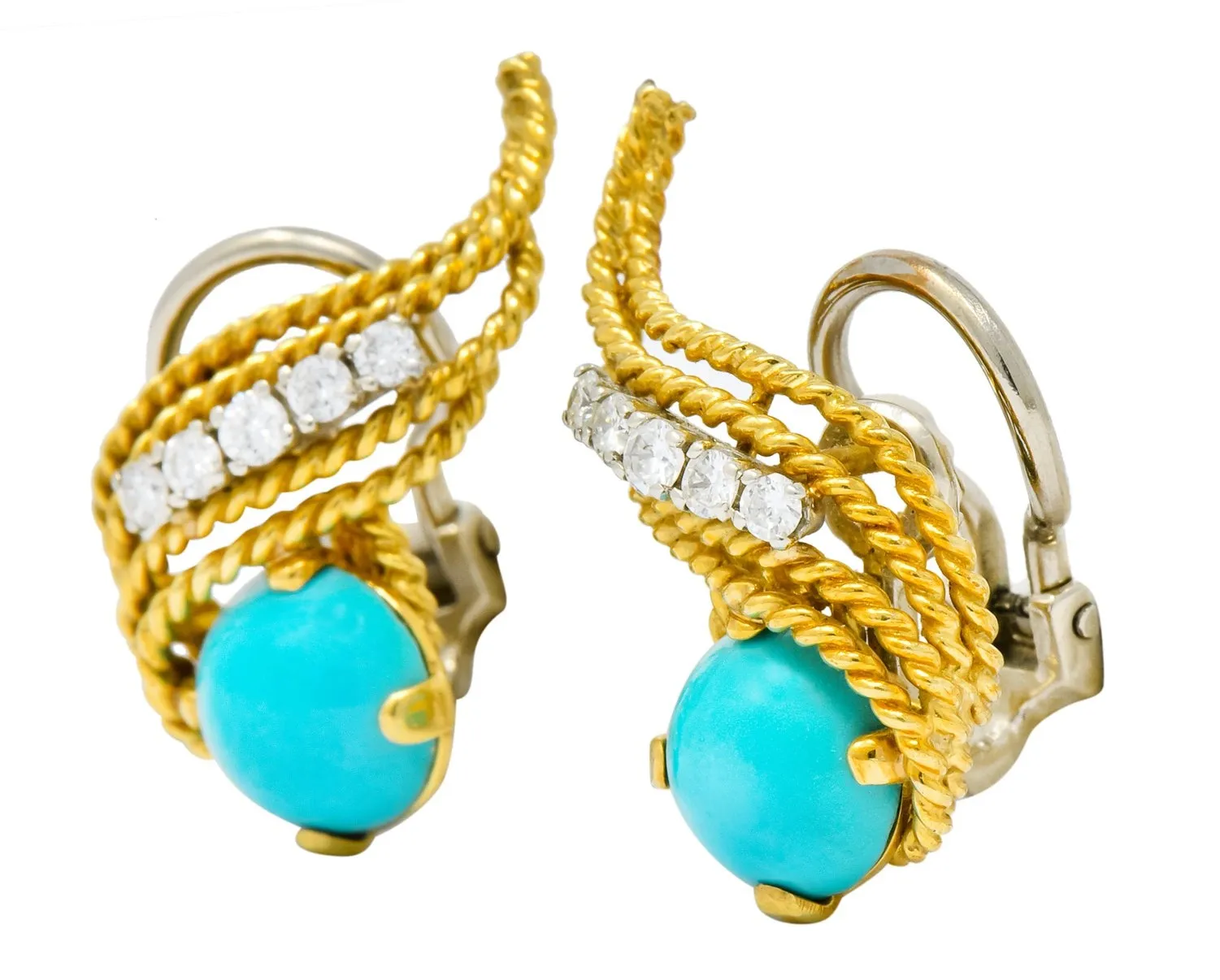 1970's Diamond Turquoise 18 Karat Gold Ear-Clip Earrings