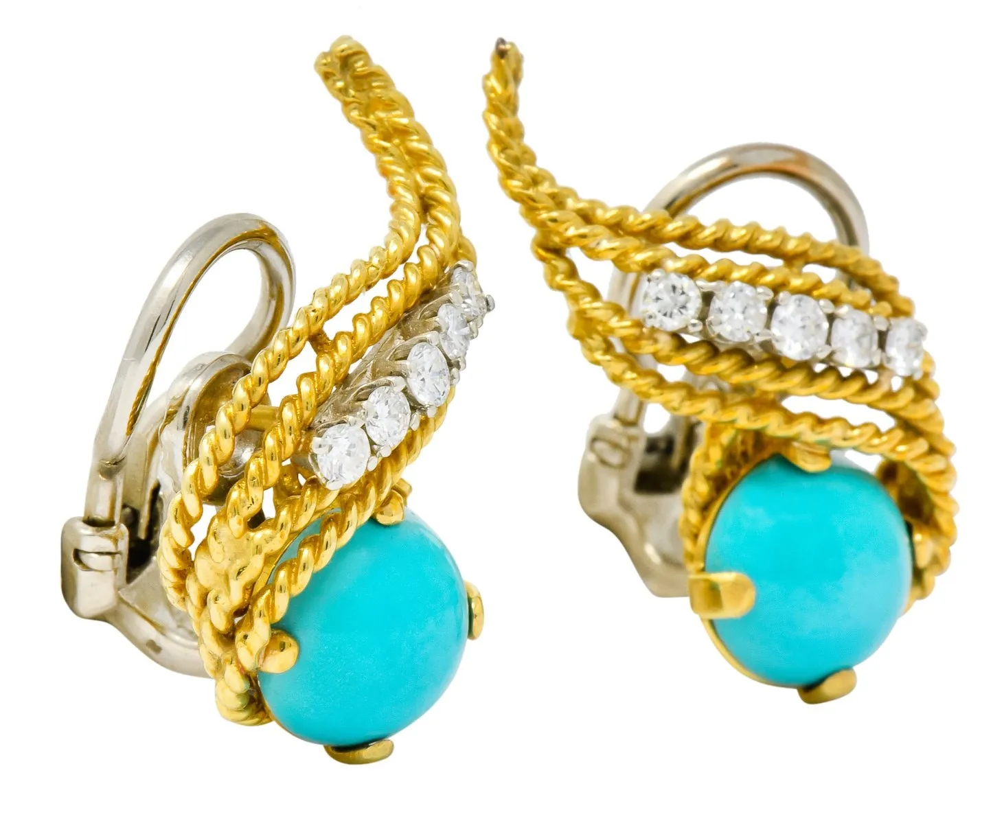 1970's Diamond Turquoise 18 Karat Gold Ear-Clip Earrings