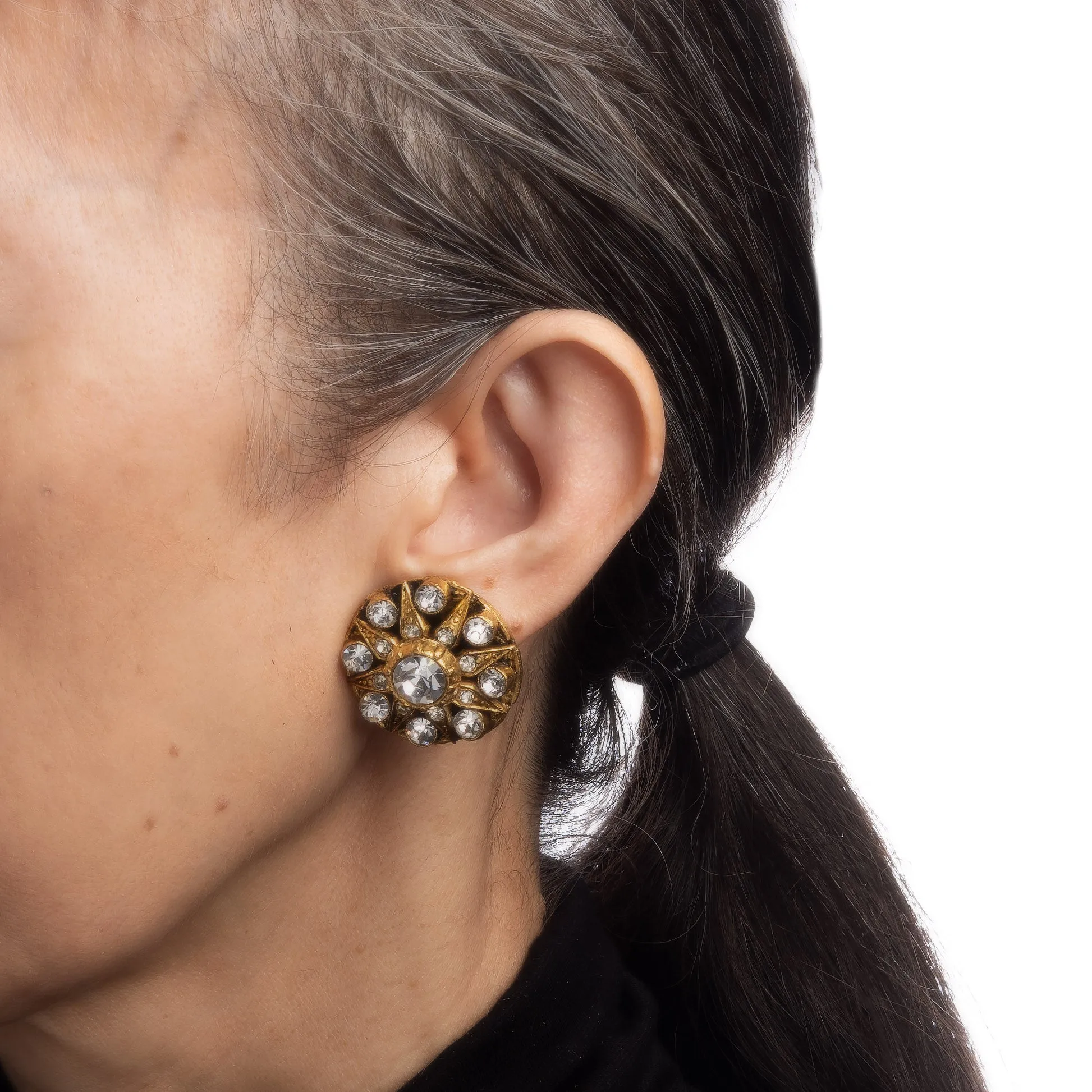 1984 Vintage Chanel Star Crystal Earrings Round Clip On Yellow Gold Tone