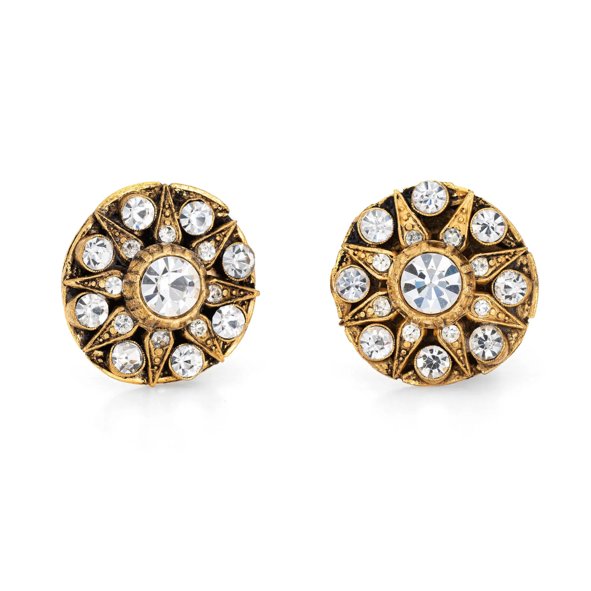 1984 Vintage Chanel Star Crystal Earrings Round Clip On Yellow Gold Tone