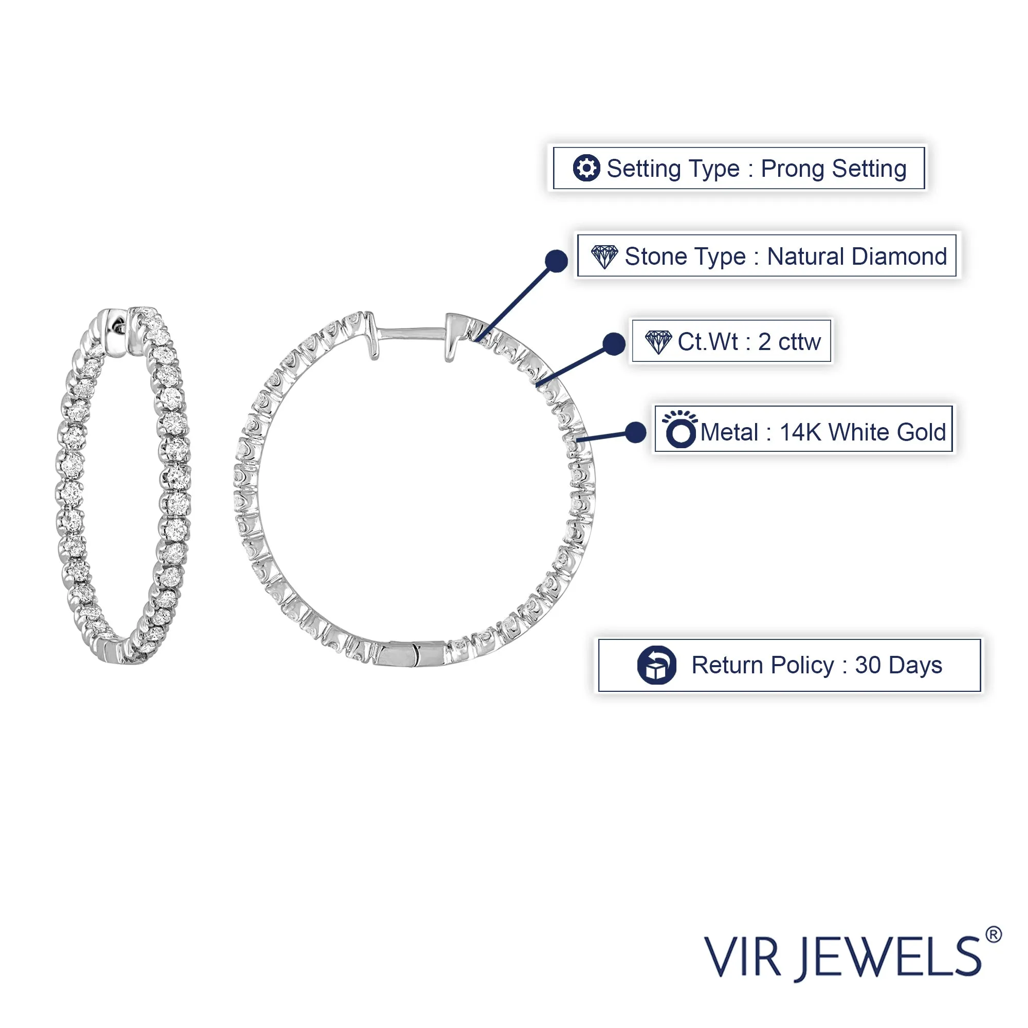 2 cttw Diamond Inside Out Hoop Earrings 14K White Gold Round Prong 1.26 inch