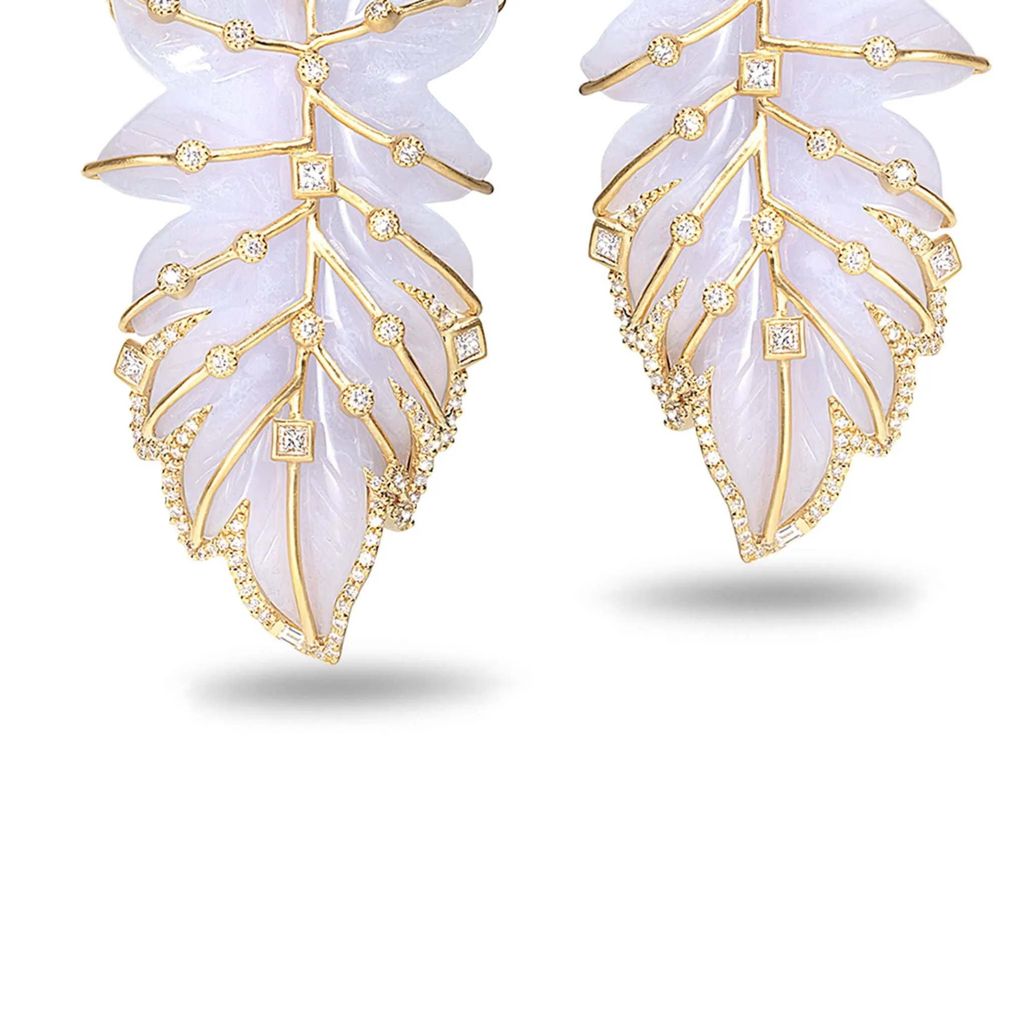 20K Affinity Blue Chalcedony Feather Drop Earrings