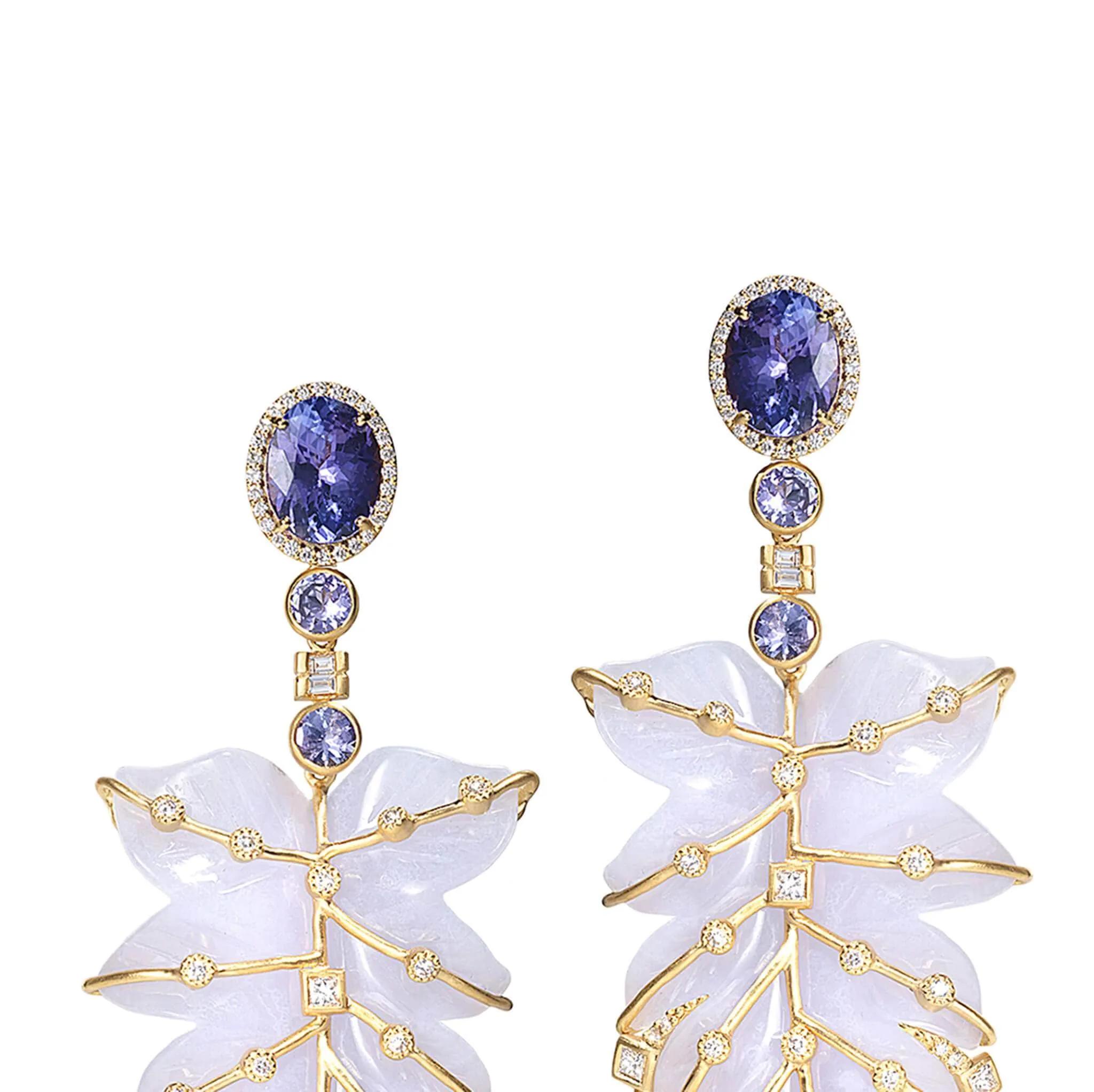20K Affinity Blue Chalcedony Feather Drop Earrings
