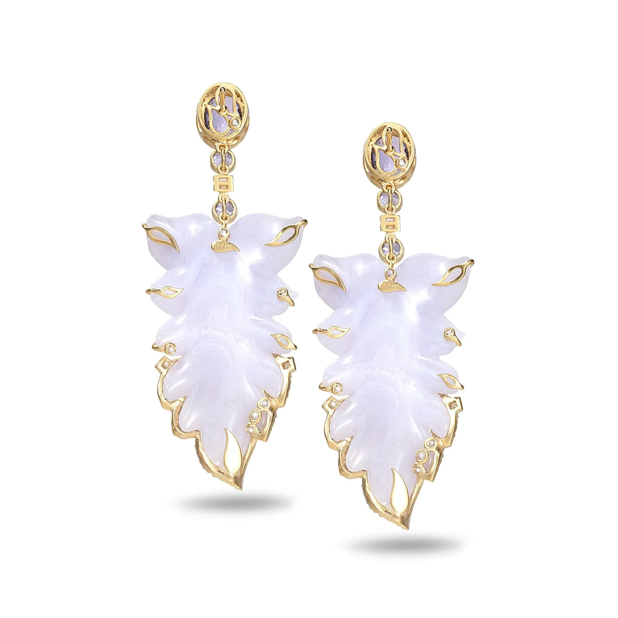 20K Affinity Blue Chalcedony Feather Drop Earrings