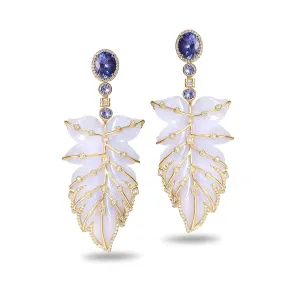 20K Affinity Blue Chalcedony Feather Drop Earrings