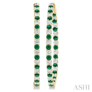 2.5MM Round Cut Emerald and 2 1/2 ctw Round Cut Diamond Precious Inside-Out Alternating Hoop Earrings in 14K Yellow Gold