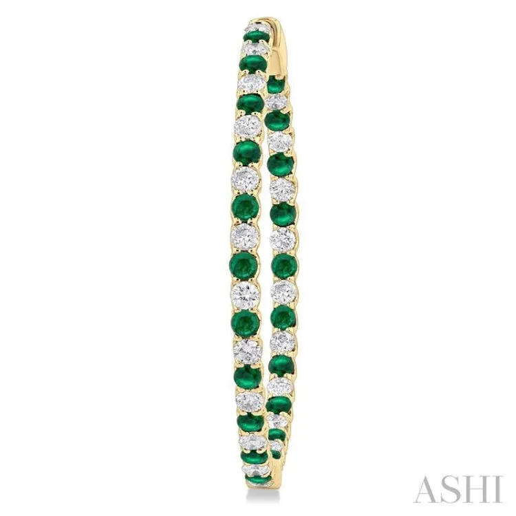 2.5MM Round Cut Emerald and 2 1/2 ctw Round Cut Diamond Precious Inside-Out Alternating Hoop Earrings in 14K Yellow Gold