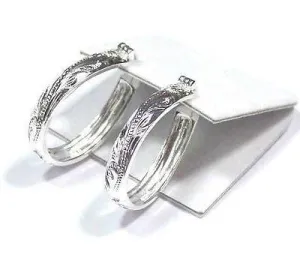27MM SILVER HAWAIIAN PLUMERIA SCROLL OVAL HOOP EARRINGS