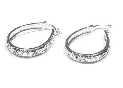 27MM SILVER HAWAIIAN PLUMERIA SCROLL OVAL HOOP EARRINGS