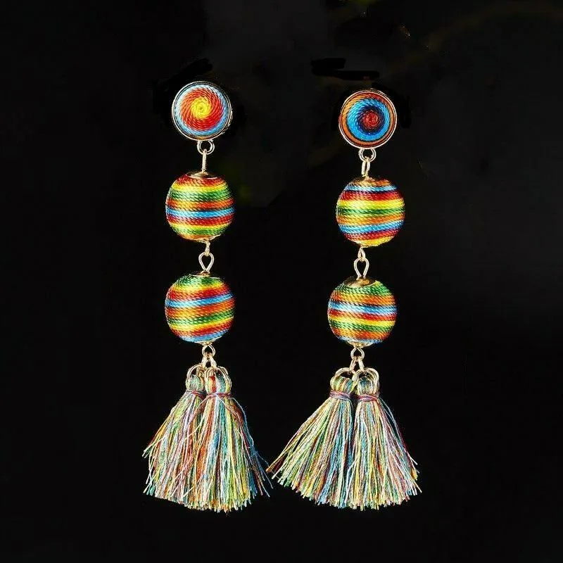 3 Ball Multi Color Mismatch Tassel Earrings