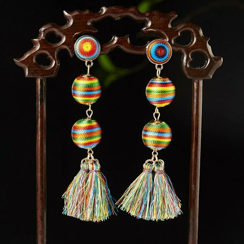 3 Ball Multi Color Mismatch Tassel Earrings