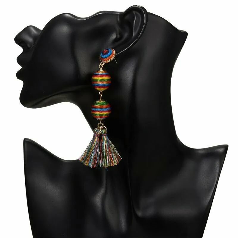 3 Ball Multi Color Mismatch Tassel Earrings