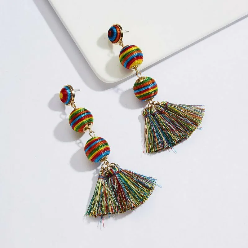 3 Ball Multi Color Mismatch Tassel Earrings
