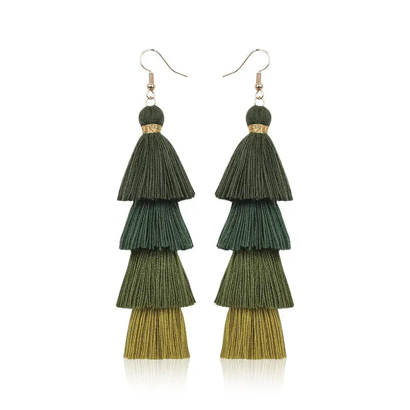 4 Layer Green Tassel Earrings