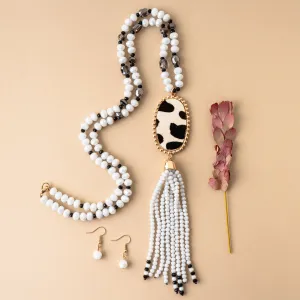 72865 - Animal Print Beaded Tassel Necklace - White