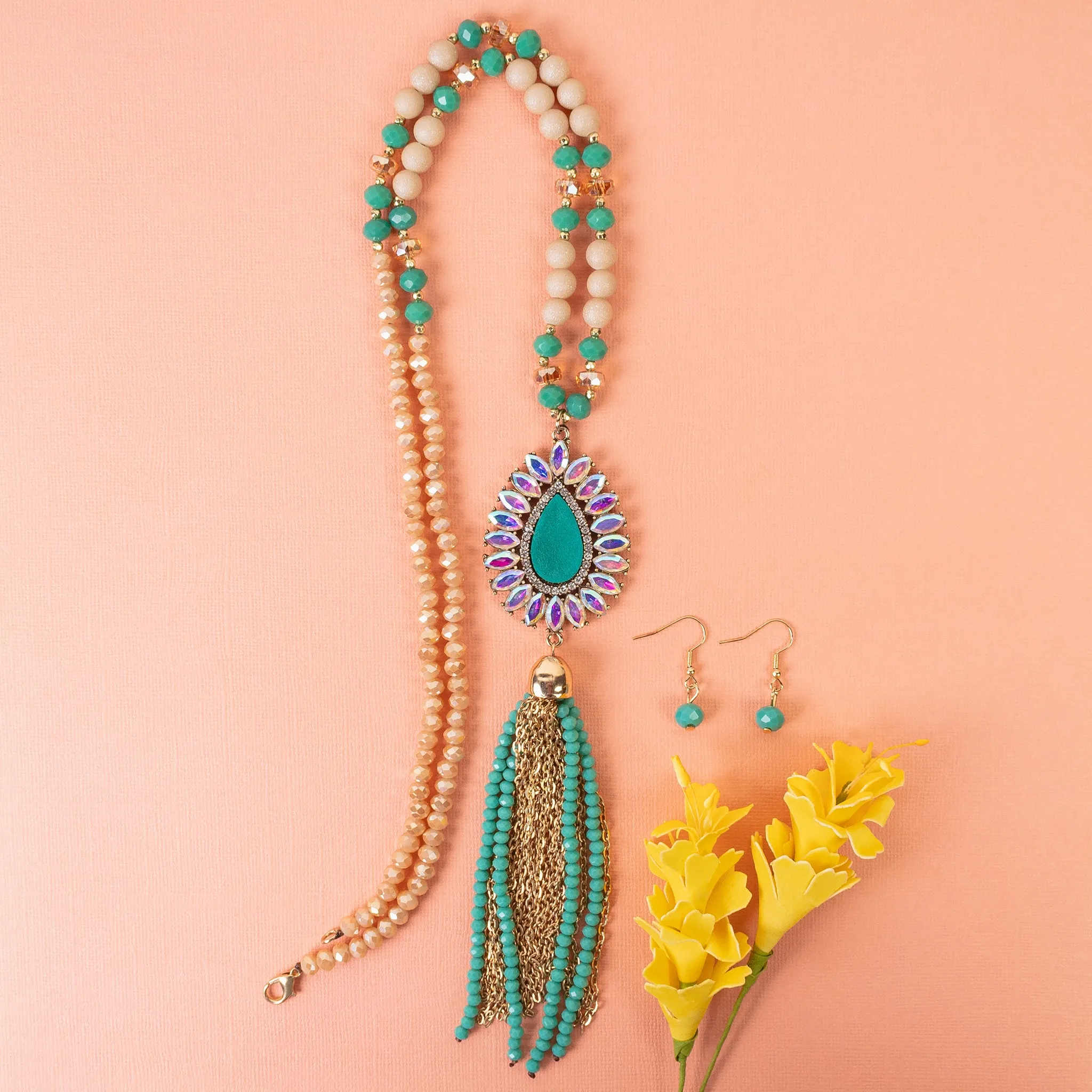 72964 - Animal Print Beaded Tassel Necklace - Turquoise