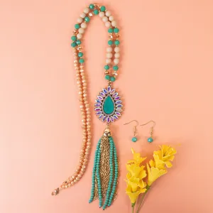 72964 - Animal Print Beaded Tassel Necklace - Turquoise
