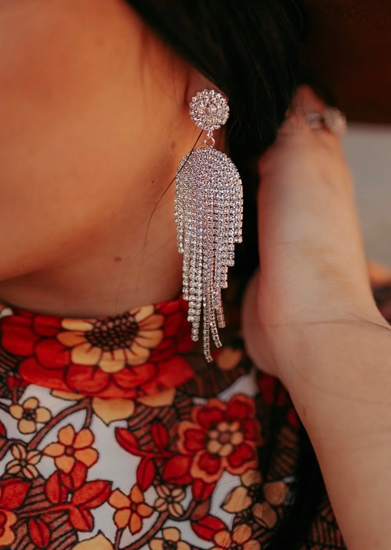 7780 C18 RHINESTONE POST WITH FRINGE RHINESTONE TASSEL EARRINGS