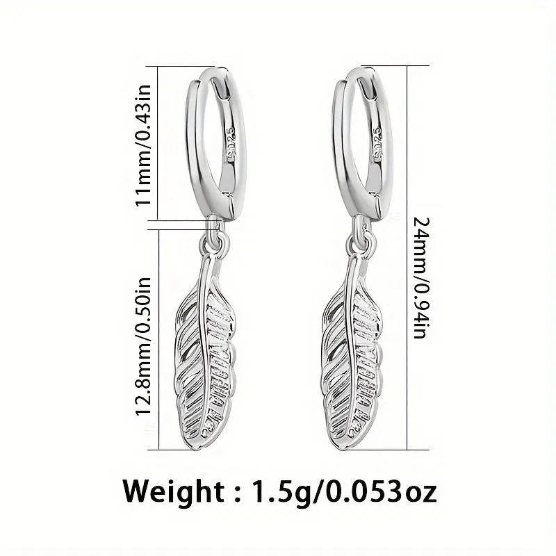 925 Silver Dangling Feather Earrings 1.5g for Daily Outfits