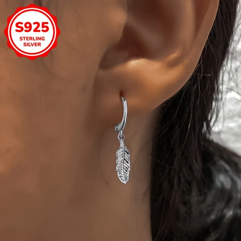 925 Silver Dangling Feather Earrings 1.5g for Daily Outfits
