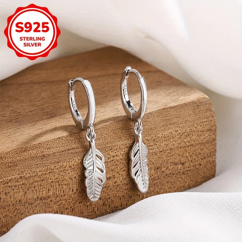 925 Silver Dangling Feather Earrings 1.5g for Daily Outfits