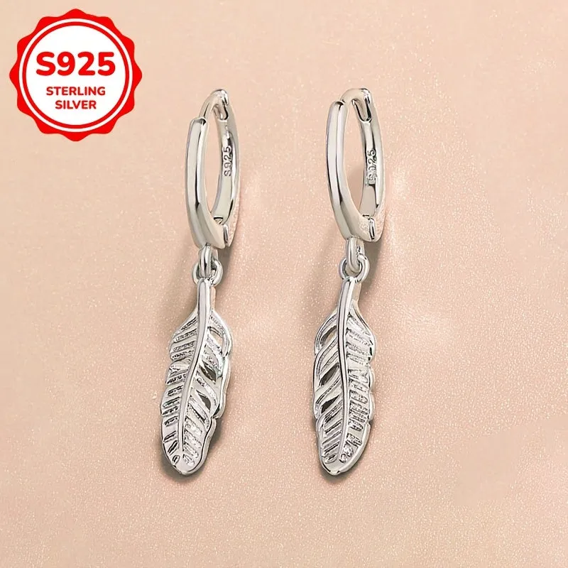 925 Silver Dangling Feather Earrings 1.5g for Daily Outfits