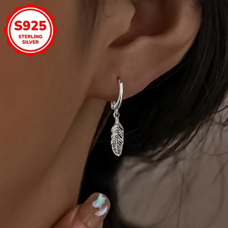 925 Silver Dangling Feather Earrings 1.5g for Daily Outfits