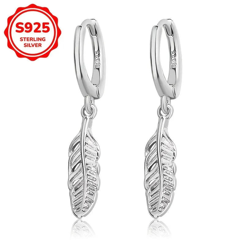 925 Silver Dangling Feather Earrings 1.5g for Daily Outfits