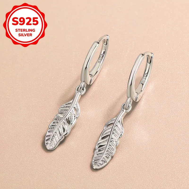 925 Silver Dangling Feather Earrings 1.5g for Daily Outfits
