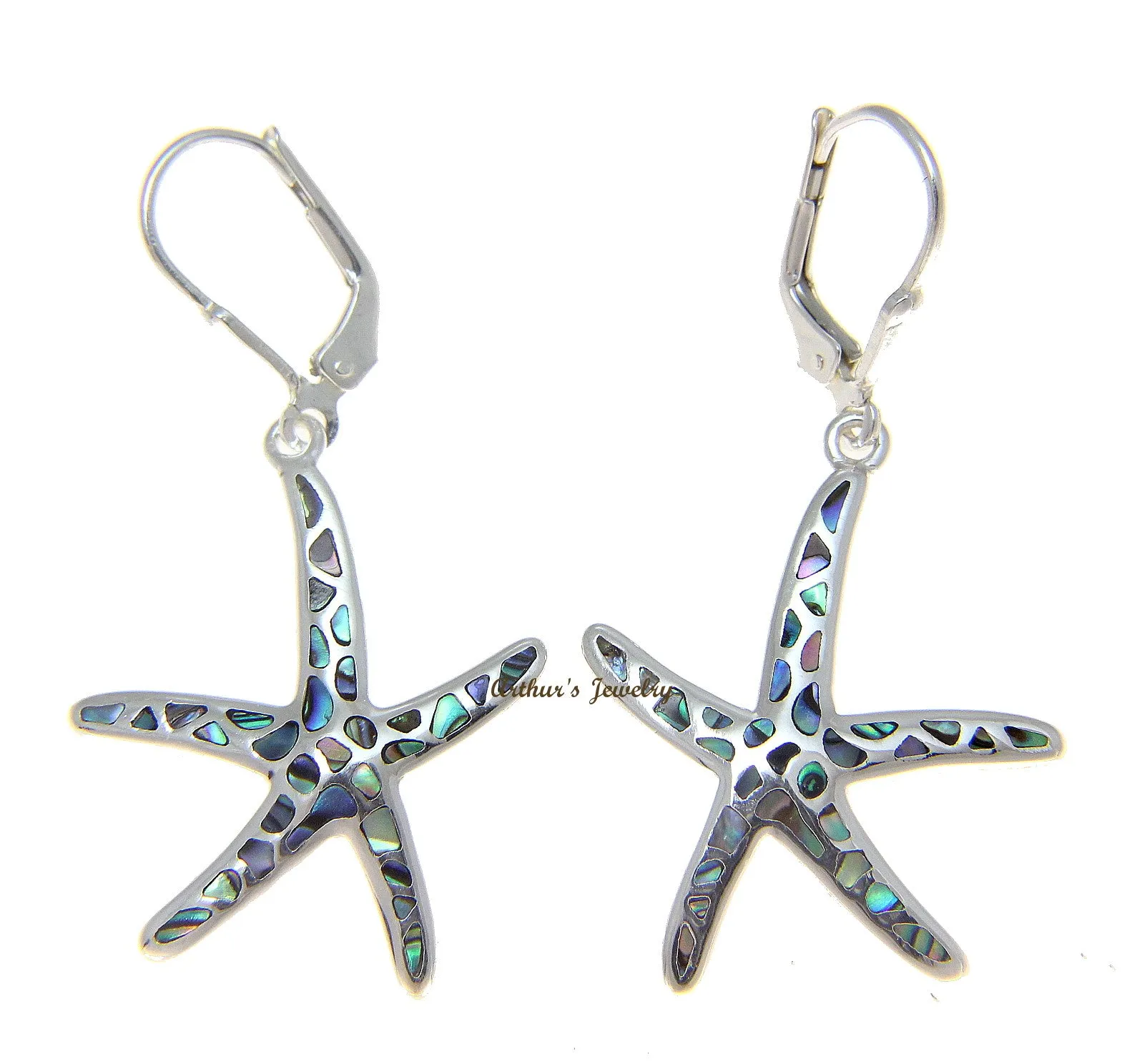 925 Silver Hawaiian Starfish Sea Star Abalone Shell Paua Leverback Earrings
