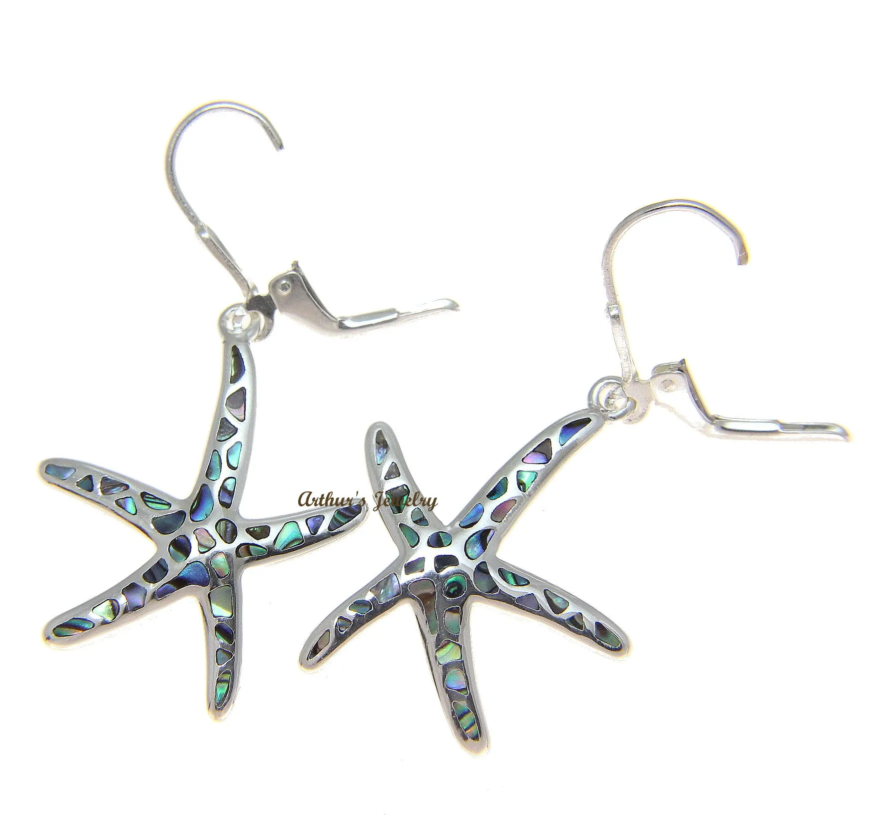 925 Silver Hawaiian Starfish Sea Star Abalone Shell Paua Leverback Earrings
