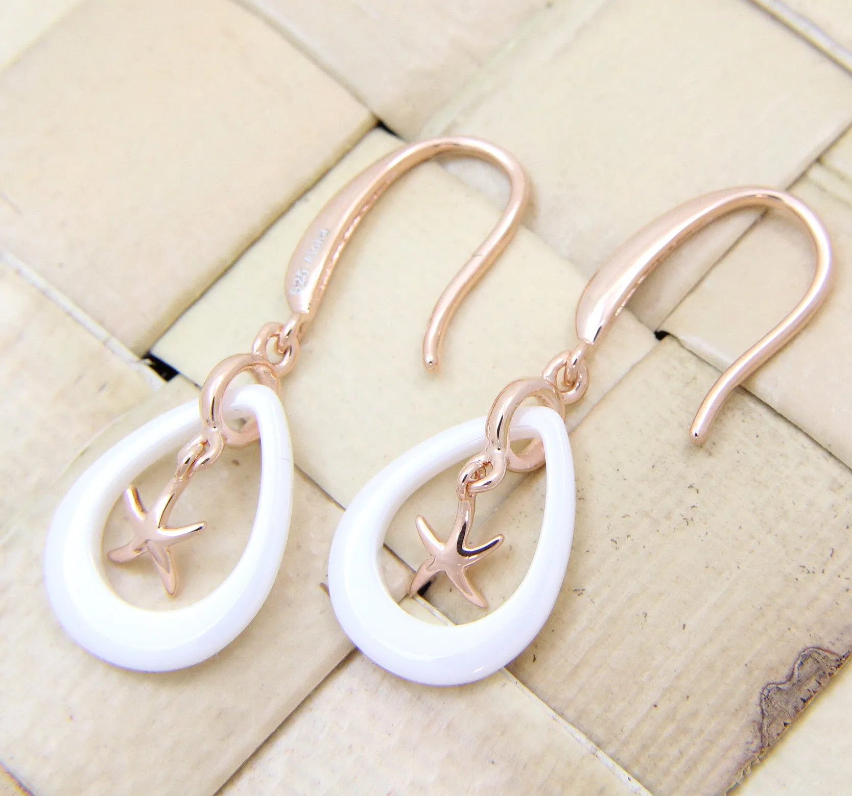 925 Silver Pink Gold Hawaiian Starfish Sea Star White Ceramic Tear Drop Earrings