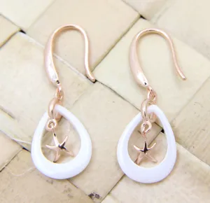 925 Silver Pink Gold Hawaiian Starfish Sea Star White Ceramic Tear Drop Earrings