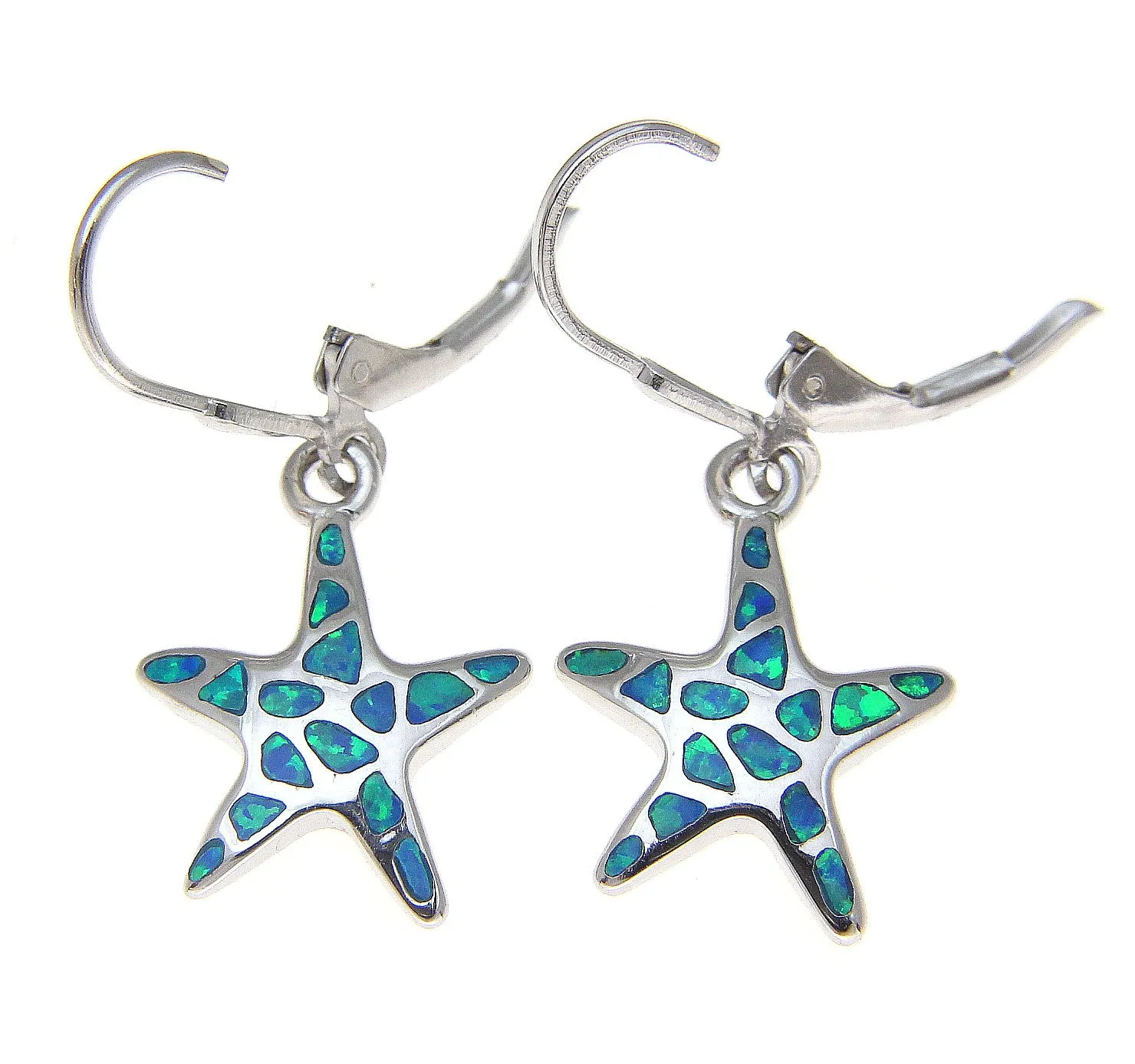 925 Silver Rhodium Hawaiian Starfish Sea Star Blue Opal Leverback Earrings